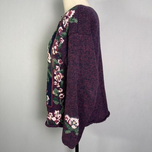 Vintage Maurices Sweater, Size Med, Hand Knitted, Purple & Pink Floral Pattern - Picture 5 of 12